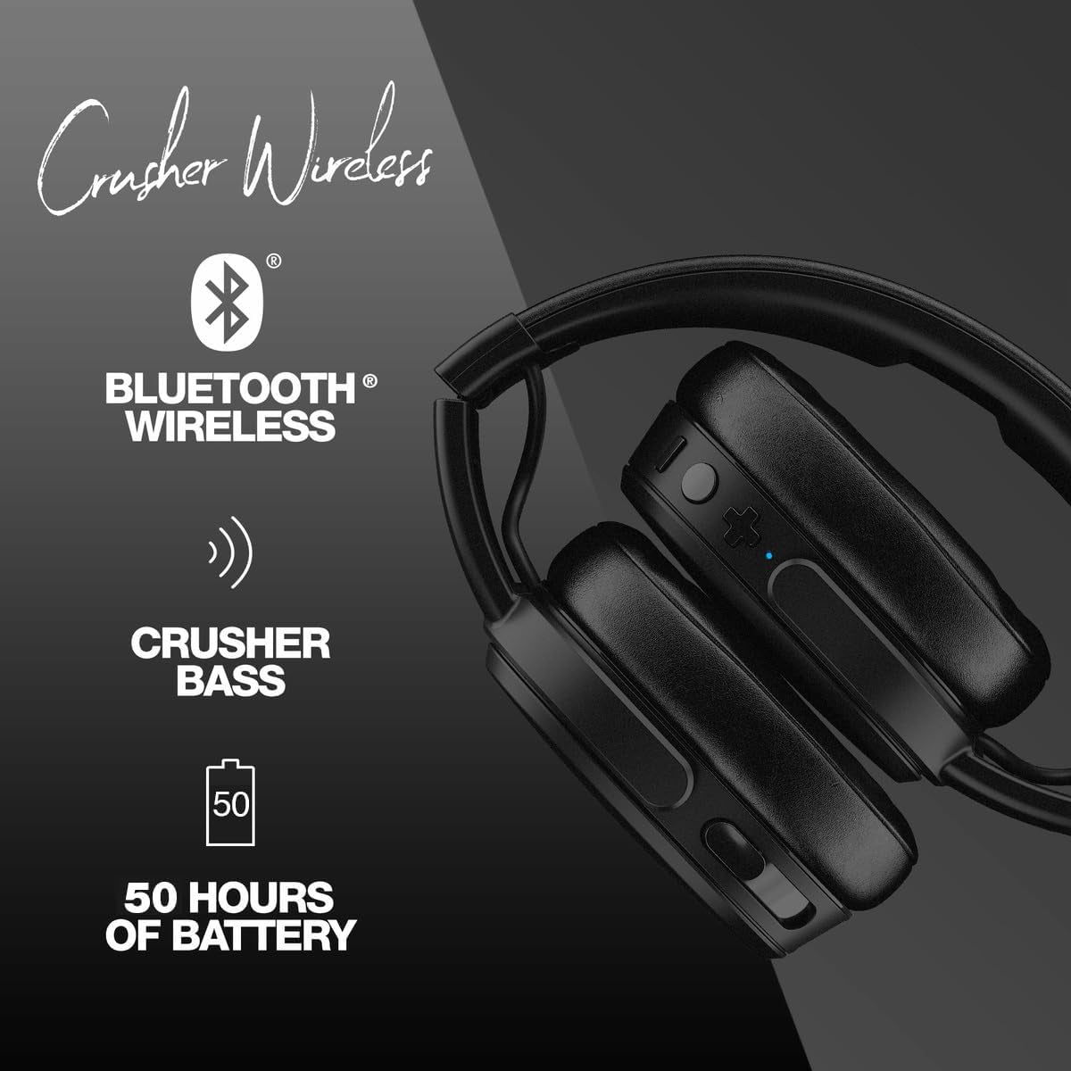 Crusher Wireless Bluetooth Headphones with Multi-Sensory Bass, Noise Isolating Over-Ear Fit, up to 40 Hours Battery, Microphone for Iphone Android with Travel Bag - Black